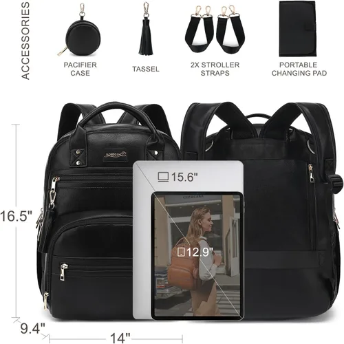 Miniatura 7 de ROSEGIN Mochila para pañales de cuero vegano de alta calidad con cambiador impermeable, cremalleras reforzadas y sin olor, organizador profesional