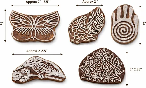 Miniatura 2 de Sellos de cerámica de madera para impresión en bloques, juego de 5 bloques de impresión textil india tallados a mano, sellos de cerámica de arcilla