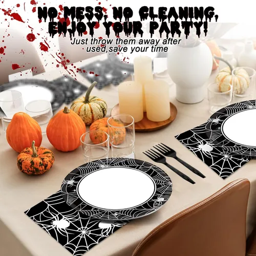 Miniatura 5 de 50 Invitados Platos y Servilletas de Telaraña de Halloween Suministros para Fiestas Decoraciones de Fiesta de Telaraña Vajilla Desechable Negra