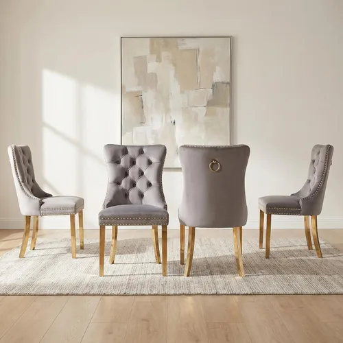 Miniatura 128 de OVENTA Juego de 4 sillas de comedor modernas tapizadas copetudas, terciopelo negro y gris y cuero con patas de madera maciza, sillas de cocina