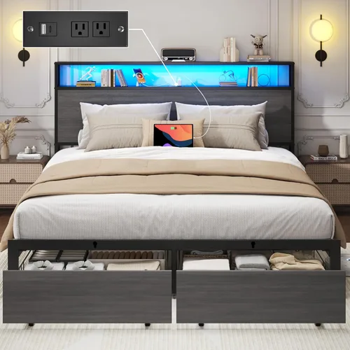 Miniatura 10 de Lifezone Base de cama Queen con cabecera de almacenamiento de 2 niveles, marco de cama de metal para dormitorio con 2 cajones de almacenamiento