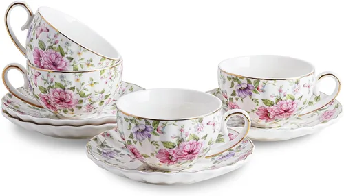 Miniatura 12 de Agyiuns Taza de té y platillos, tazas de té floral de 6.4 onzas con borde dorado, taza de té de porcelana, tazas de café capuchino espresso con Azul