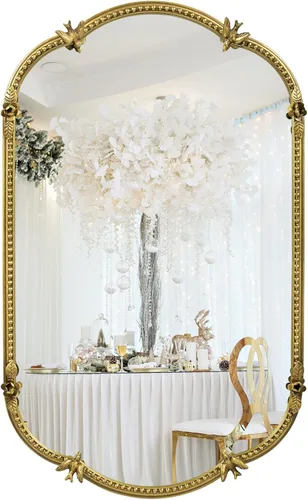 Espejo de pared ovalado dorado de 19 x 32 pulgadas, espejo decorativo con marco de cuentas de metal, bonito patrón de pájaros y flores, espejo
