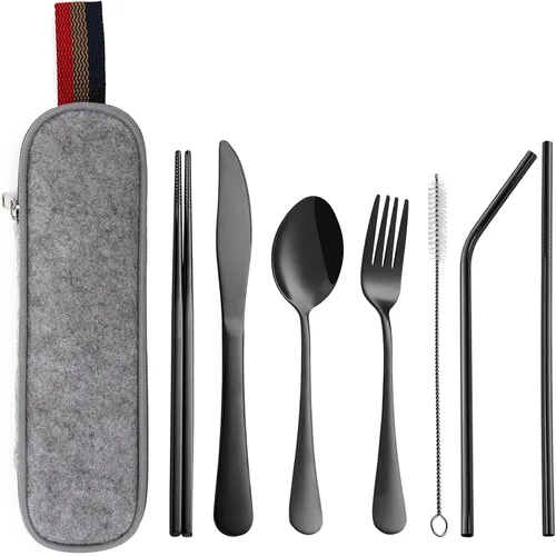 Miniatura 10 de DEVICO Utensilios portátiles, juego de cubiertos de viaje y campamento, 8 piezas, incluyendo cuchillo, tenedor, cuchara, palillos, cepillo
