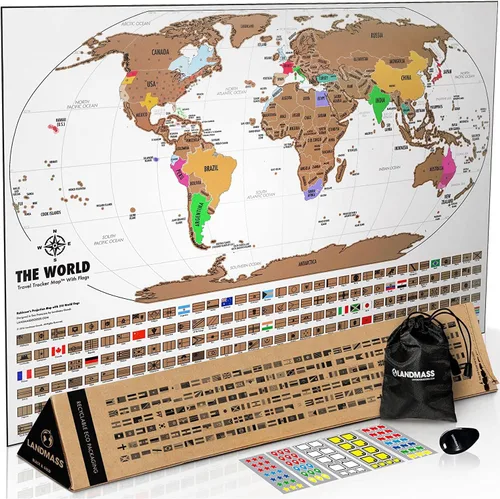 Miniatura 12 de Landmass Mapa del mundo para rascar, rastreador de viaje de lujo con banderas, cartografía detallada, idea de regalo para viajeros, arte de pared