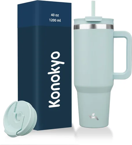 Miniatura 12 de Konokyo - Vaso de 40 onzas con asa y 2 pajillas, botella de agua aislada 2 en 1 con tapa. Taza de viaje de acero inoxidable para café, flores