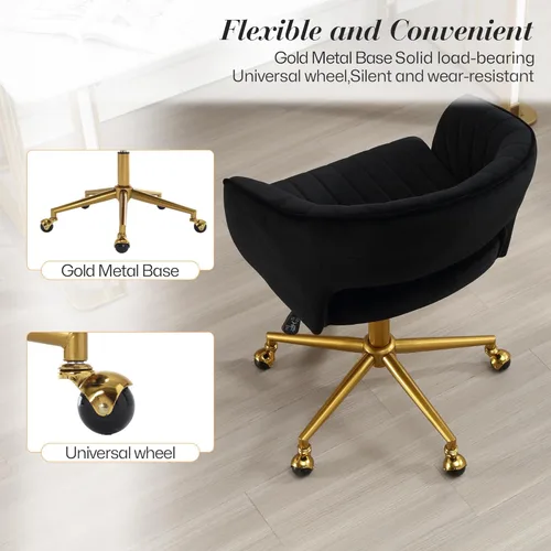 Miniatura 6 de Silla de escritorio giratoria para oficina en casa, moderna silla de escritorio de terciopelo, sillón de altura ajustable con base dorada, silla