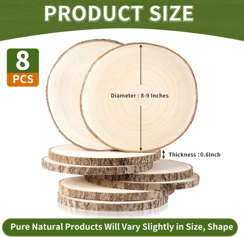 Miniatura 2 de Rebanadas de madera sin terminar, 8 piezas redondas de madera de 8 a 9 pulgadas, rebanadas de madera para centros de mesa, mesas, manualidades