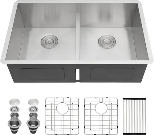 Miniatura 18 de Sarlai Fregadero de Cocina Dorado Bajo Encimera de 33 Pulgadas Doble Tazón 33 x 19 Pulgadas Bajo Dividido Dorado Estación de Trabajo Fregadero Doble