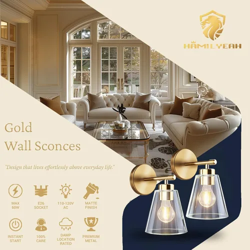 Miniatura 3 de Hamilyeah Juego de 2 apliques de pared dorados, accesorios de iluminación de baño, modernos apliques industriales para interiores, lámparas de pared