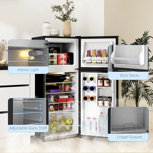 Miniatura 6 de HOMCOM Mini refrigerador de 4 pies cúbicos con congelador, refrigerador compacto de doble puerta con termostato ajustable, estante y puerta