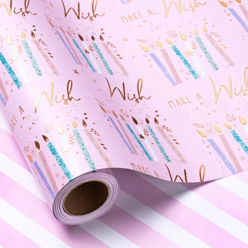 Miniatura 11 de LeZakaa Rollo de papel de regalo reversible de cumpleaños para niños y hombres, letras de feliz cumpleaños, pastel de cumpleaños con lámina metálica