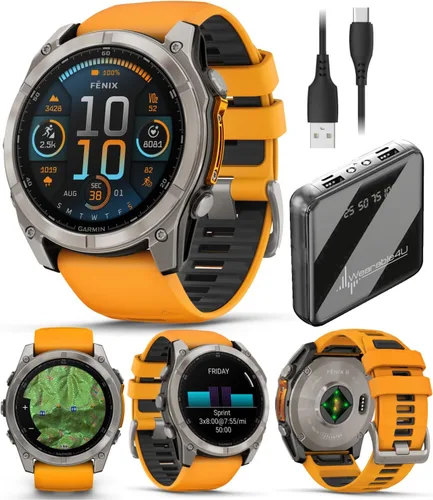 Miniatura 16 de Garmin Fenix 8 – 2 pulgadas, reloj inteligente multideporte GPS AMOLED, zafiro, titanio con banda de silicona naranja brillante/grafito, linterna