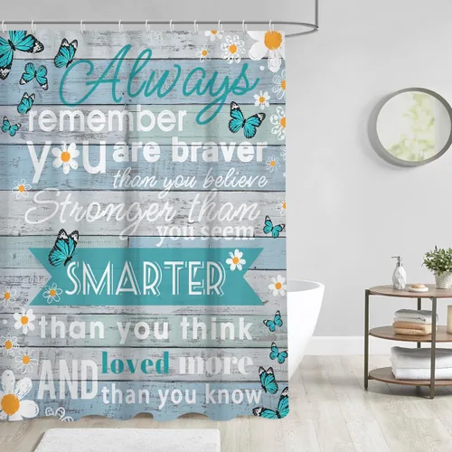 Miniatura 2 de AAtter Cortina de ducha turquesa turquesa rústica para niñas, citas inspiradoras para niños, gris, blanco, negro, mariposa brillante, margarita