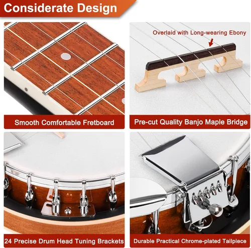 Miniatura 7 de Vangoa Banjo - Kit de 5 cuerdas para principiantes, tamaño completo, cabeza Remo, 24 soportes, espalda abierta, juego de banjo con resonador