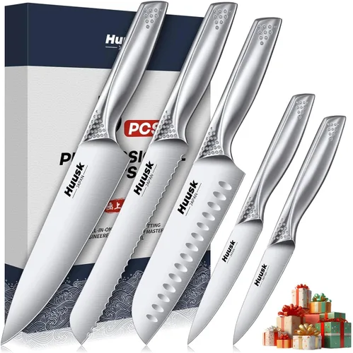 Huusk Juego de cuchillos de chef japoneses – Juego de 5 cuchillos de cocina con mango ergonómico, juego de cuchillos de chef profesionales ultra