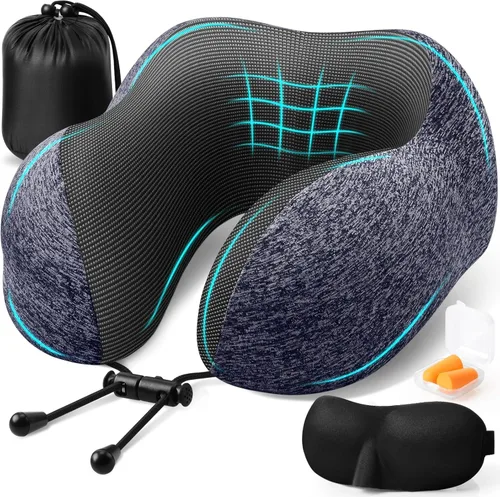 Miniatura 11 de ExploreBliss Almohada de Viaje, Almohadas de Viaje para Dormir en Avión, Almohada para el Cuello con Funda Extraíble y Cierre Ajustable, Juego