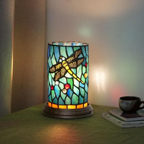 Lámpara de mesa Tiffany de vidrio teñido estilo libélula color teja para dormitorio Flor Decoración de jarrón de noche Mini luz nocturna linda para
