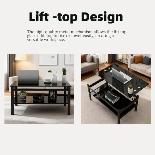 Miniatura 3 de Meihua Mesa de Centro de Cristal con Tapa Elevable con Compartimento de Almacenamiento y Estantes Abiertos Separados, Tapa de Mesa Elevable