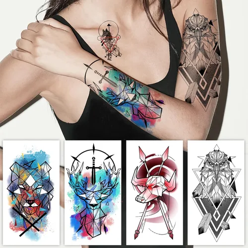 Miniatura 5 de 77 hojas de tatuajes temporales geométricos de animales, 17 hojas de medio brazo 3D de leones, zorro, lobo, búho, tigre, tatuajes falsos