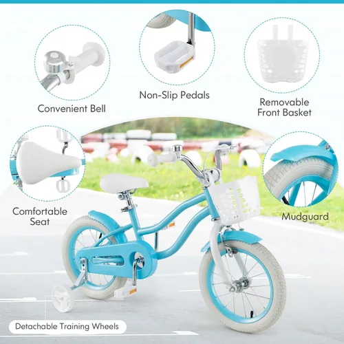 Miniatura 7 de COSTWAY Bicicleta para niños de 12, 14, 16, 18 pulgadas, bicicleta para niños con ruedas de entrenamiento, frenos de mano y posavasos, sillín