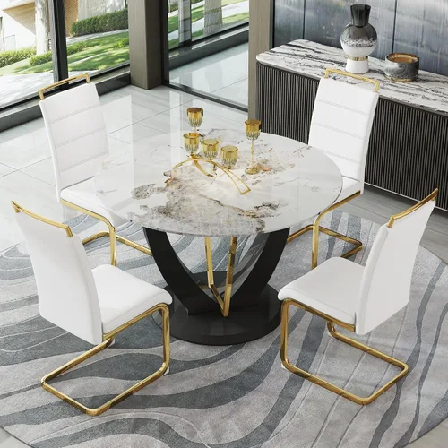 Miniatura 65 de JUFU Juego de mesa de comedor redonda para 4, mesa de comedor de 48 pulgadas con mesa de mármol sintético y 4 sillas tapizadas, moderno juego
