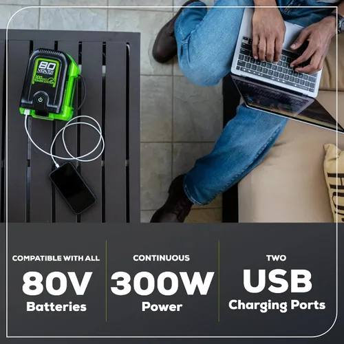 Miniatura 3 de Greenworks Inversor de corriente Pro de 80 V (300 vatios), 120 V CA, para cargar dispositivos electrónicos pequeños, teléfonos inteligentes