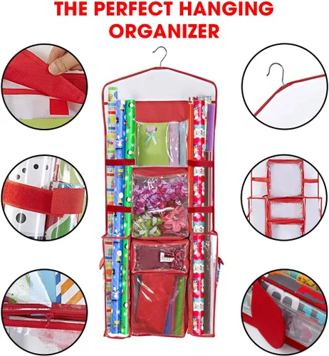 Miniatura 3 de Almacenamiento de papel de regalo colgante Organizador de papel de regalo de doble cara Bolsillos para bolsas de regalo, cinta, lazos y Rojo