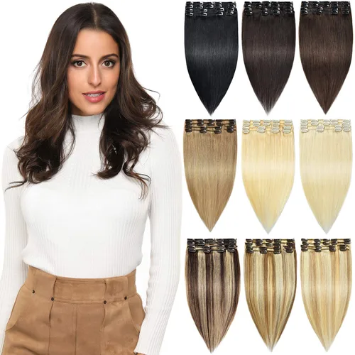 Rose bud REMY - Extensiones de cabello humano con broches, 18 clips, 14 pulgadas, color rubio oscuro, 8 unidades, 2.42 onzas 27# Rubio oscuro