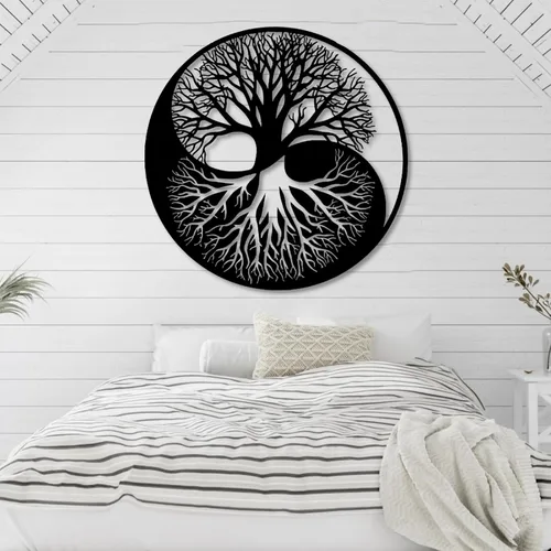 Cadeali Arte de pared de metal con árbol de la vida, decoración de Yin Yang de metal, decoración de pared de árbol, arte de Yin Yang, sala de estar,