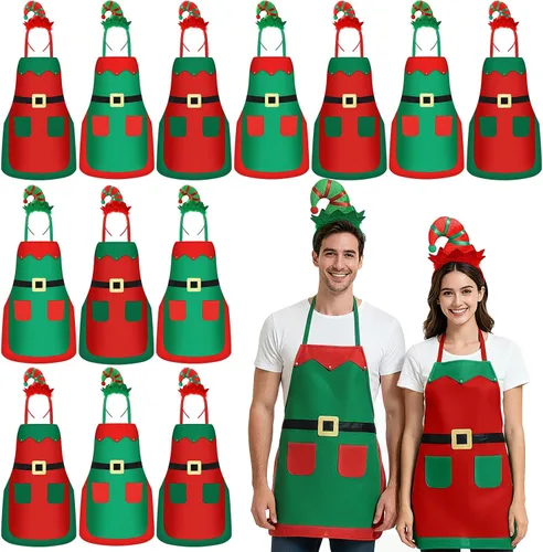 Miniatura 9 de Toulite Juego de 24 delantales de elfo de Navidad con diademas, disfraces de fiesta de Navidad, delantales a granel para adultos y niños para hornear