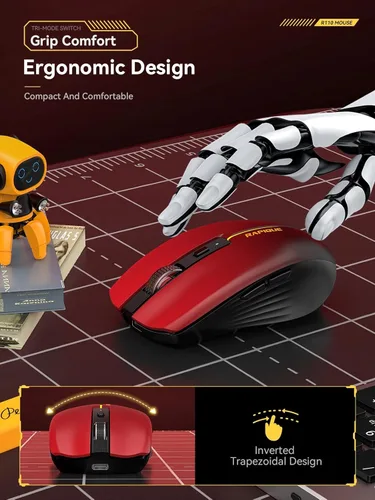 Miniatura 3 de RAPIQUE Ratón Inalámbrico Bluetooth - (BT1/BT2+USB) Tri-Modo de Alto Rendimiento, Recargable, Compatible con Múltiples Dispositivos con Rojo