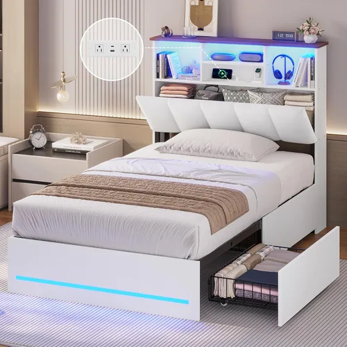 Miniatura 12 de AOGLLATI Estructura de cama Queen con elegante cabecero tipo estantería y estación de carga y luces LED, estructura de cama tamaño Queen con 4 Negro