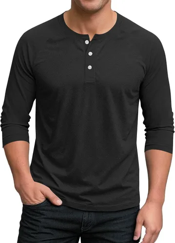 Miniatura 17 de Ctreela Camiseta Henley de manga 3/4 para hombre, estilo casual, ajustada, color sólido, manga larga, camiseta de béisbol Caqui