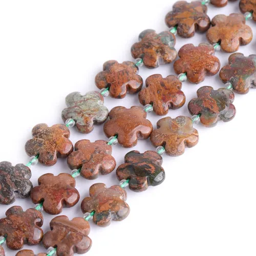 Miniatura 11 de GEM-Inside - 26 cuentas semipreciosas de 0.594 pulgadas (0.591 in) con diseño de flores de plantas naturales de África Bood Jasper para hacer joyas