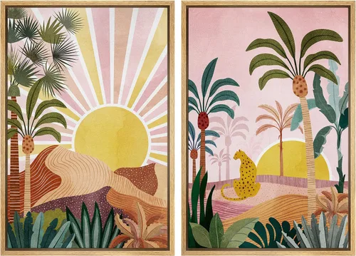 Miniatura 62 de IDEA4WALL - Set de lienzos enmarcados para pared, diseño tropical, selva, hoja de plátano, guepardo rosa, gato, naturaleza, desierto, arte digital