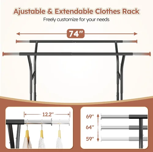Miniatura 5 de Raybee Perchero de 74 pulgadas de ancho con carga de 630 libras, percheros para colgar ropa, perchero ajustable de alta resistencia, perchero