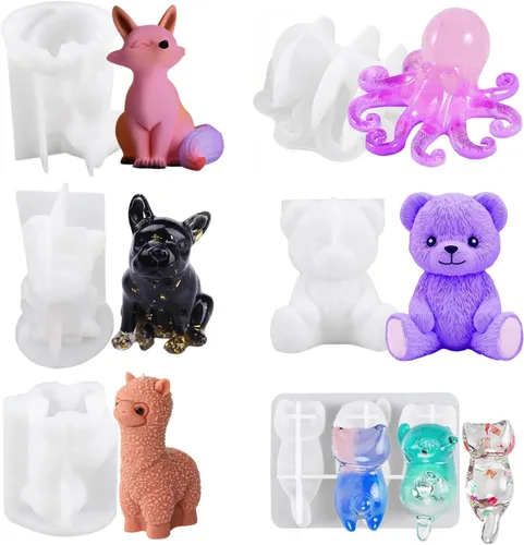 6 moldes de resina de animales, alpaca, bulldog, zorro, gato, oso y pulpo, 3D realistas para resina epoxi, molde de exhibición único para