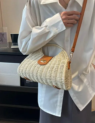 Miniatura 4 de Bolso cruzado de paja tejida a mano para mujer, bolso de hombro con asa superior de ratán para playa de verano, bolso de mano