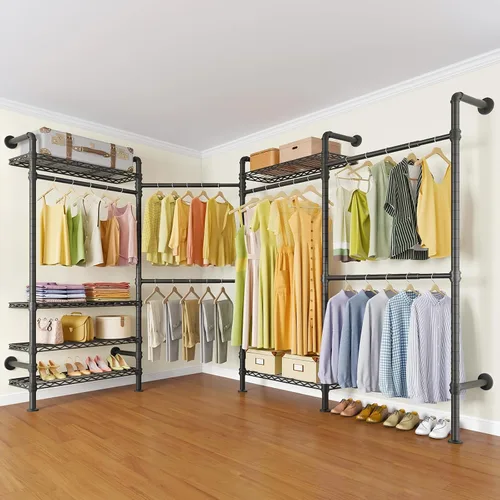 Miniatura 7 de Timate Perchero de ropa en forma de L L4 resistente para colgar ropa, perchero industrial expandible para ropa de tubería industrial montado