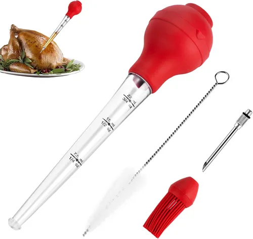 Miniatura 10 de JY COOKMENT Jeringa de acero inoxidable para pavo Baster Baster Jeringa para cocinar Inyector de carne con 2 agujas de marinada, 1 cepillo de Acero