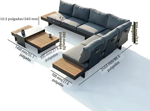Miniatura 7 de homary Juego de 6 sofás seccionales de aluminio y teca para exteriores con respaldos ajustables, cojines impermeables, ideal para patios y balcones