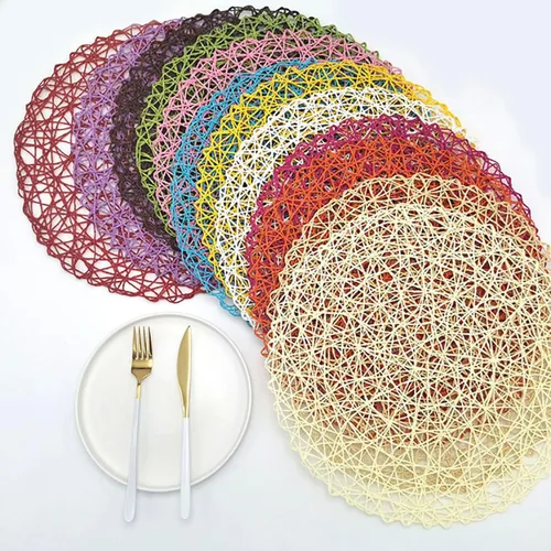 Miniatura 6 de Manteles individuales de tamaño grande de 14.9 pulgadas Tapete creativo redondo trenzado Tapete de estilo bohemio para mesa de cocina, Beige
