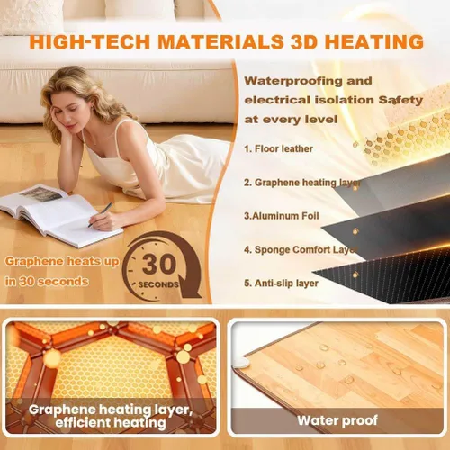 Miniatura 3 de Tapete calefactable radiante infrarrojo con calefacción eléctrica, con 60 ajustes de calor, protección contra sobrecalentamiento, 12 horas de Gris