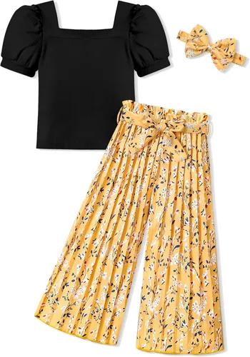 Miniatura 7 de DONWEN Conjunto de 3 piezas de ropa para niñas pequeñas y niñas con cuello cuadrado + pantalones elegantes + diadema para primavera y verano