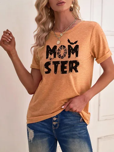 Miniatura 2 de Camiseta de Momster para mujer, divertida camiseta gráfica de murciélago araña para Halloween, casual, estampado de letras de mamá Ster, tops Hocus
