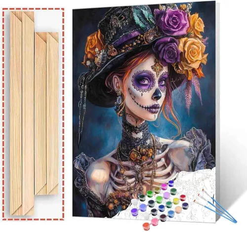 Miniatura 31 de Pintura por números para parejas tomadas de la mano, para adultos, principiantes, Día de los Muertos, Esqueleto, Pintura por números sobre lienzo