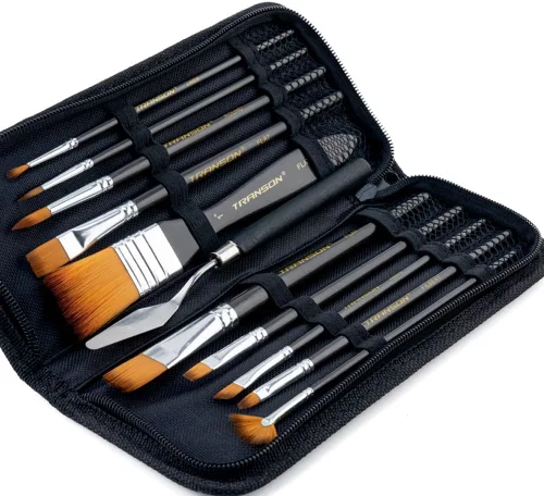 Transon Kit de pinceles de pintura, 10 pinceles de arte y 1 espátula de pintura con estuche para pinceles Negro