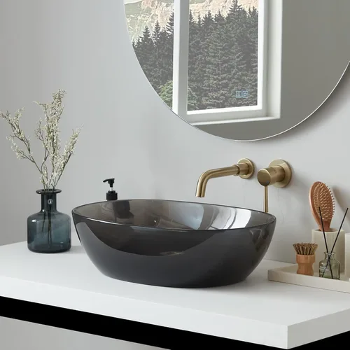 Miniatura 5 de Cpingao Fregadero ovalado translúcido de 23 x 15 pulgadas para gabinete, encimera de resina de piedra en forma de barco para lavabo con drenaje Negro