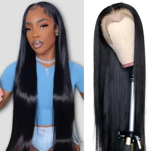 Miniatura 26 de mengkai Pelucas de cabello humano de 32 pulgadas con encaje frontal de 13x6, cabello humano predesplumado liso, peluca frontal de encaje HD